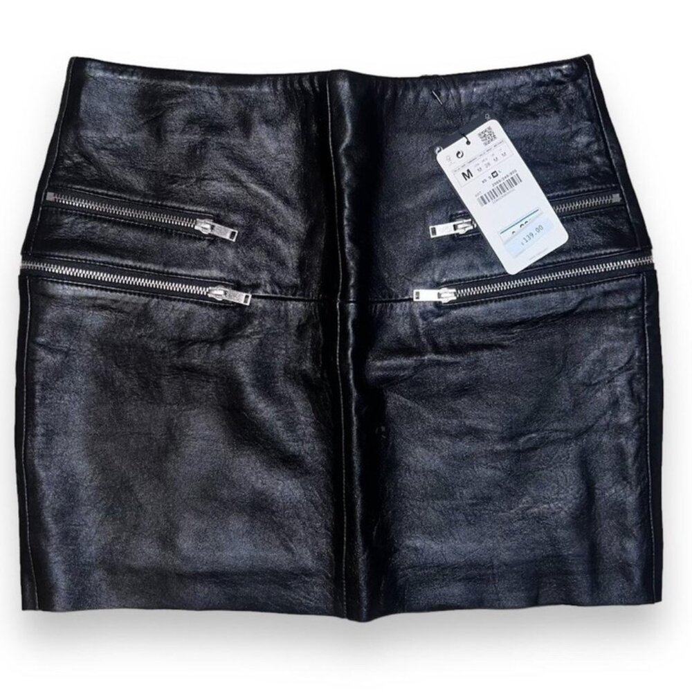 NWT - Zara - Black 100% Lambskin Leather Mini Skirt with Zipper Details - Medium - Picture 4 of 10